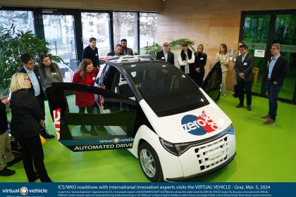 &copy;&nbsp;ICS/WKO roadshow with international innovation experts visits the VIRTUAL VEHICLE - Graz, Mar. 5, 2024  
-  
As part of an "Austria Roadshow" organized by the ICS, 14 innovation experts of AUSSENWIRTSCHAFT AUSTRIA from all over the world visited the VIRTUAL VEHICLE today. The discussions focused on the VIRTUAL VEHICLE's current research topics on automated driving, battery technology in the "BattCave" and green digital mobility as well as future technological fields such as Vehicle & Grid, Fluid Human-System Interaction and the Living Innovation Labs as part of the European Digital Innovation Hub. For their part, the innovation officers provided valuable input on international trends and new technologies. We would like to express our special thanks for the visit and look forward to future collaborations with international innovation and technology hubs.
More Information: www.virtualvehicle.at