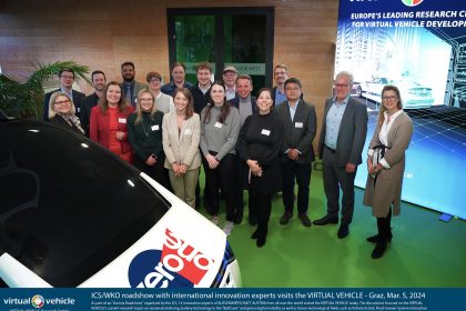 &copy;&nbsp;ICS/WKO roadshow with international innovation experts visits the VIRTUAL VEHICLE - Graz, Mar. 5, 2024  
-  
As part of an "Austria Roadshow" organized by the ICS, 14 innovation experts of AUSSENWIRTSCHAFT AUSTRIA from all over the world visited the VIRTUAL VEHICLE today. The discussions focused on the VIRTUAL VEHICLE's current research topics on automated driving, battery technology in the "BattCave" and green digital mobility as well as future technological fields such as Vehicle & Grid, Fluid Human-System Interaction and the Living Innovation Labs as part of the European Digital Innovation Hub. For their part, the innovation officers provided valuable input on international trends and new technologies. We would like to express our special thanks for the visit and look forward to future collaborations with international innovation and technology hubs.
More Information: www.virtualvehicle.at