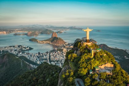 &copy;&nbsp;RIO DE JANEIRO, BRAZIL - FEBRUARY 2016: Aerial view of Christ and Botafogo Bay from high angle.